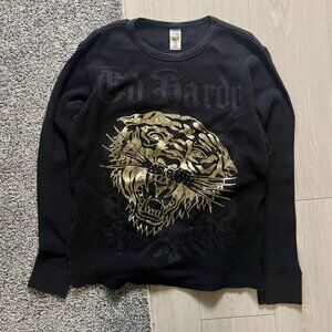 Ed Hardy Christian Audigier Black Waffle Thermal Long Sleeve Shirt Gold Tiger